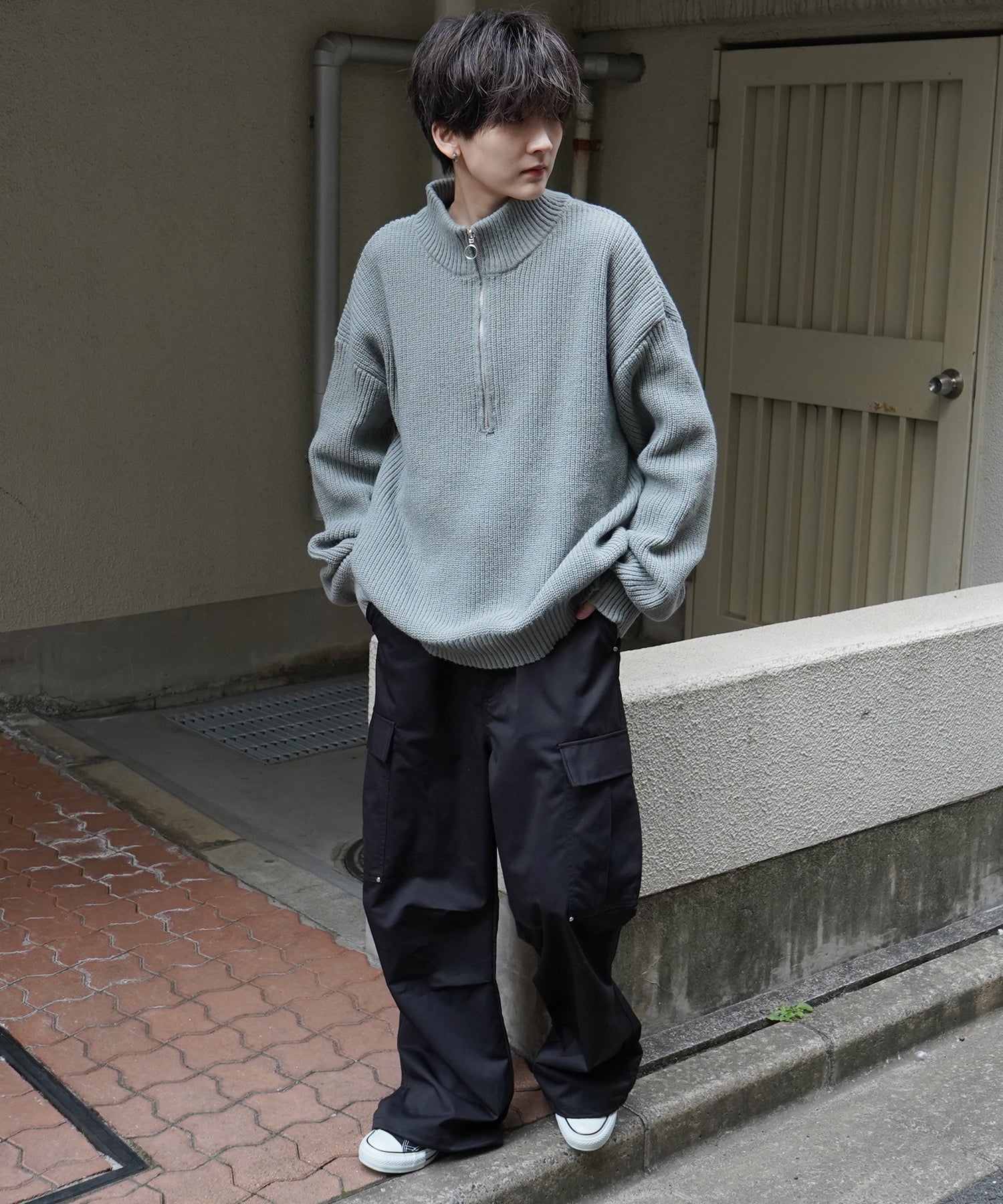 ビッグシルエット 畦編みハーフジッププルオーバーニット