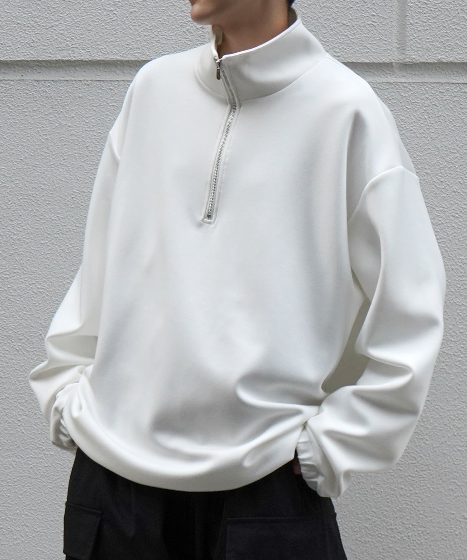 ドレープとろみ ボリュームシルエット 裾ひも ドロスト ダンボールニット ハーフジッププルオーバースウェット