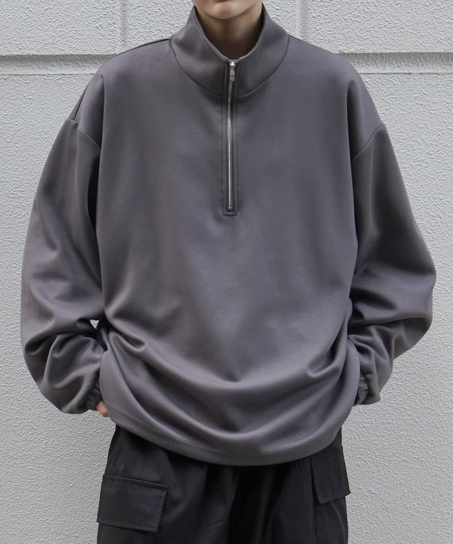 ドレープとろみ ボリュームシルエット 裾ひも ドロスト ダンボールニット ハーフジッププルオーバースウェット