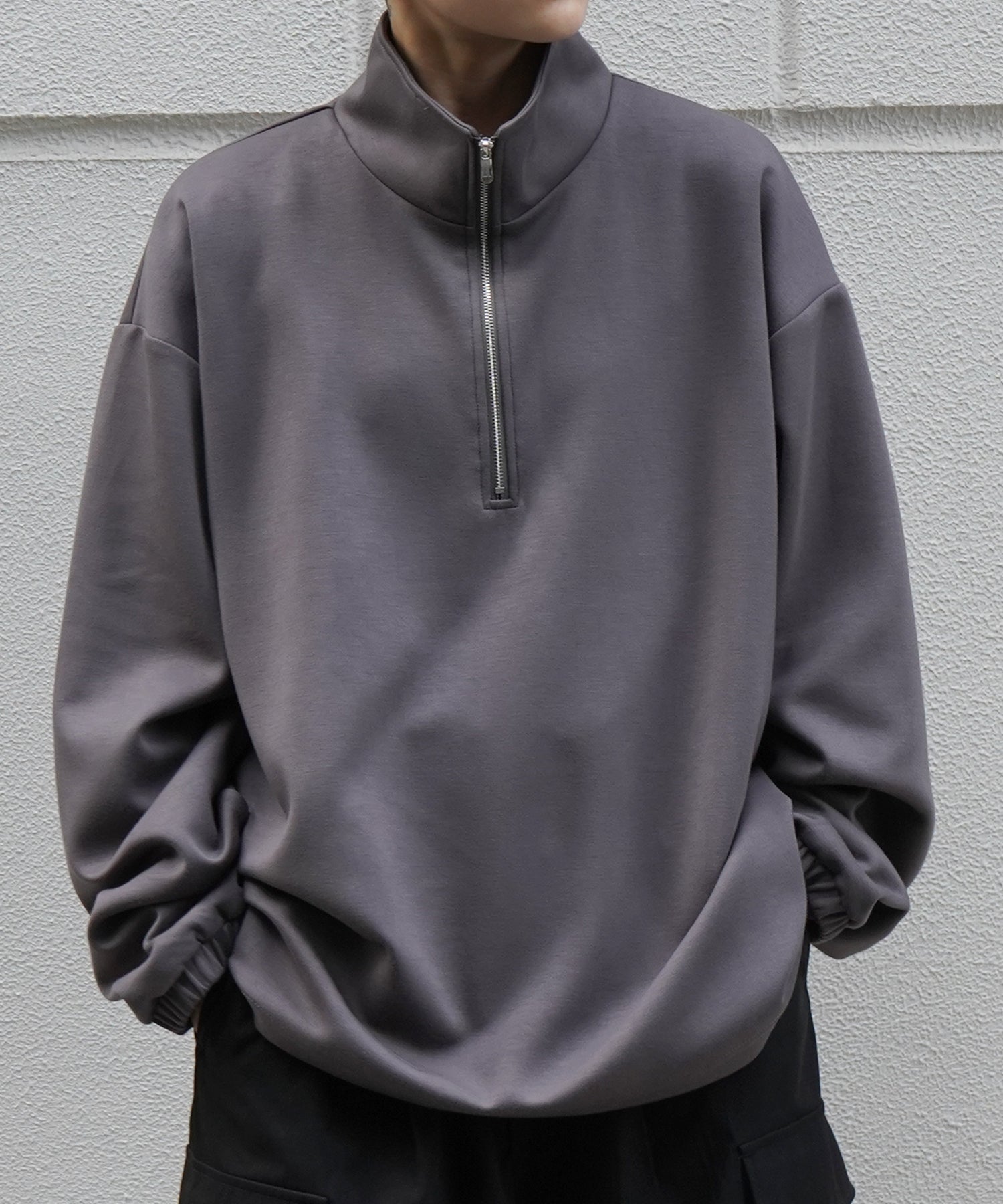 ドレープとろみ ボリュームシルエット 裾ひも ドロスト ダンボールニット ハーフジッププルオーバースウェット