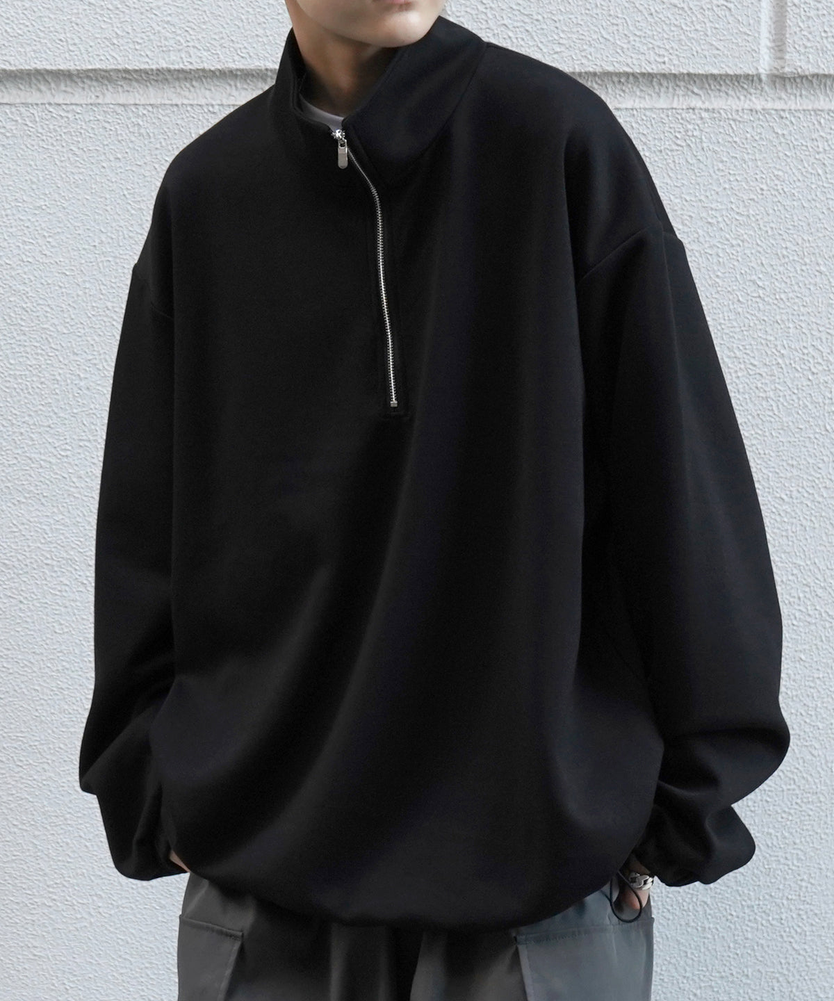 ドレープとろみ ボリュームシルエット 裾ひも ドロスト ダンボールニット ハーフジッププルオーバースウェット