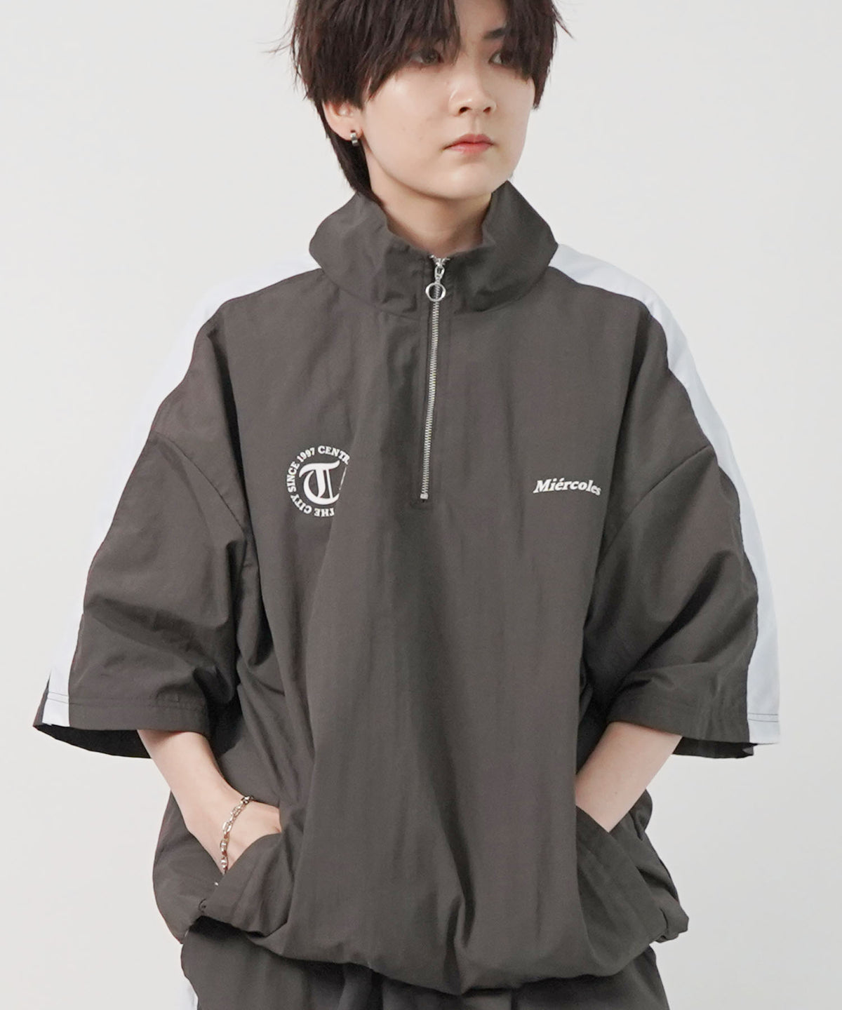 25SS セットアップ対応 ビッグシルエット ドロスト サイドライン 半袖ナイロンハーフジップ