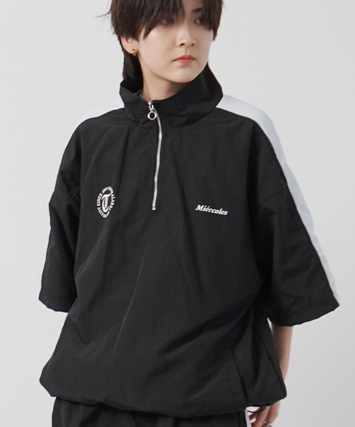 25SS セットアップ対応 ビッグシルエット ドロスト サイドライン 半袖ナイロンハーフジップ