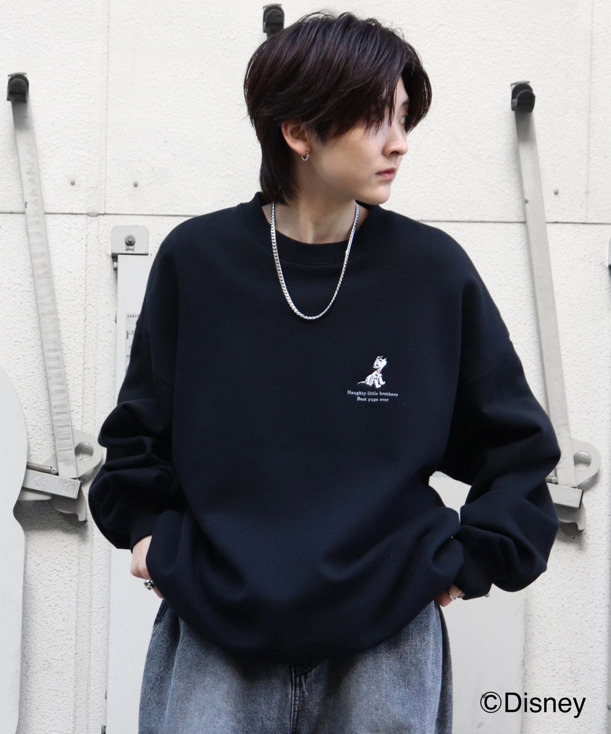 【Disney / ディズニー】101わんちゃん ワンポイント刺繍 ビッグシルエットプルオーバー クルースウェット