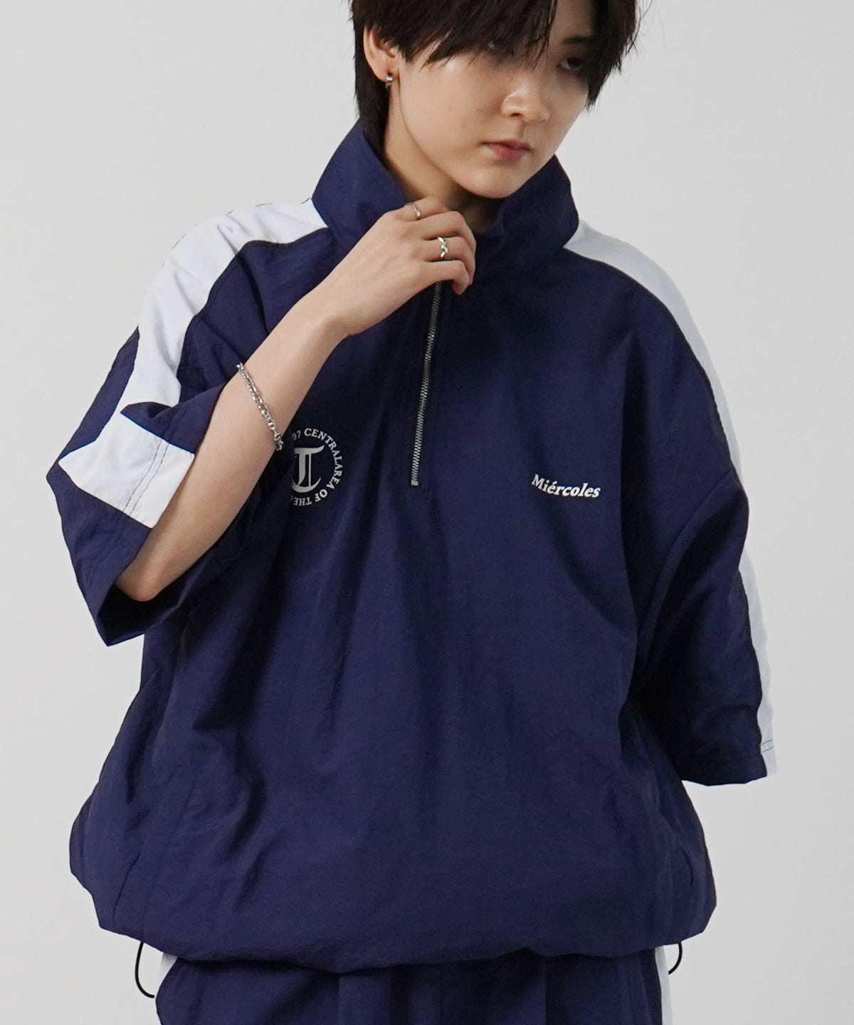 25SS セットアップ対応 ビッグシルエット ドロスト サイドライン 半袖ナイロンハーフジップ