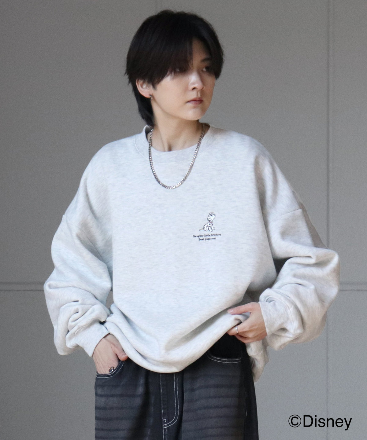 【Disney / ディズニー】101わんちゃん ワンポイント刺繍 ビッグシルエットプルオーバー クルースウェット