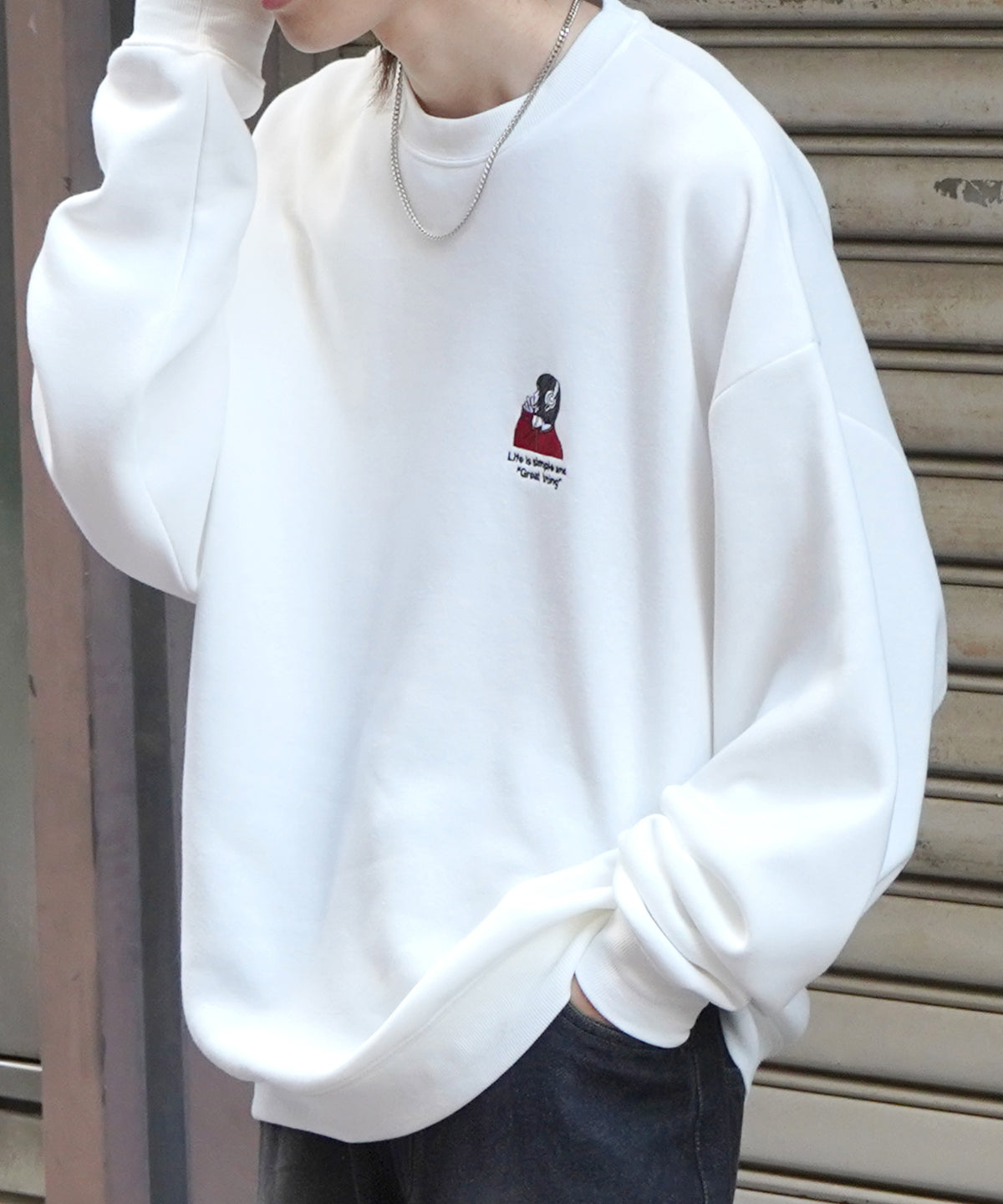 ヘッドホンガール イラストワンポイント刺繍 ビッグシルエット 裏起毛プルオーバースウェット