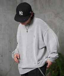 ヴィンテージライク ピグメント加工 ビッグシルエット ワンポイント刺繍 レトロプルオーバーニット