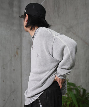 ヴィンテージライク ピグメント加工 ビッグシルエット ワンポイント刺繍 レトロプルオーバーニット