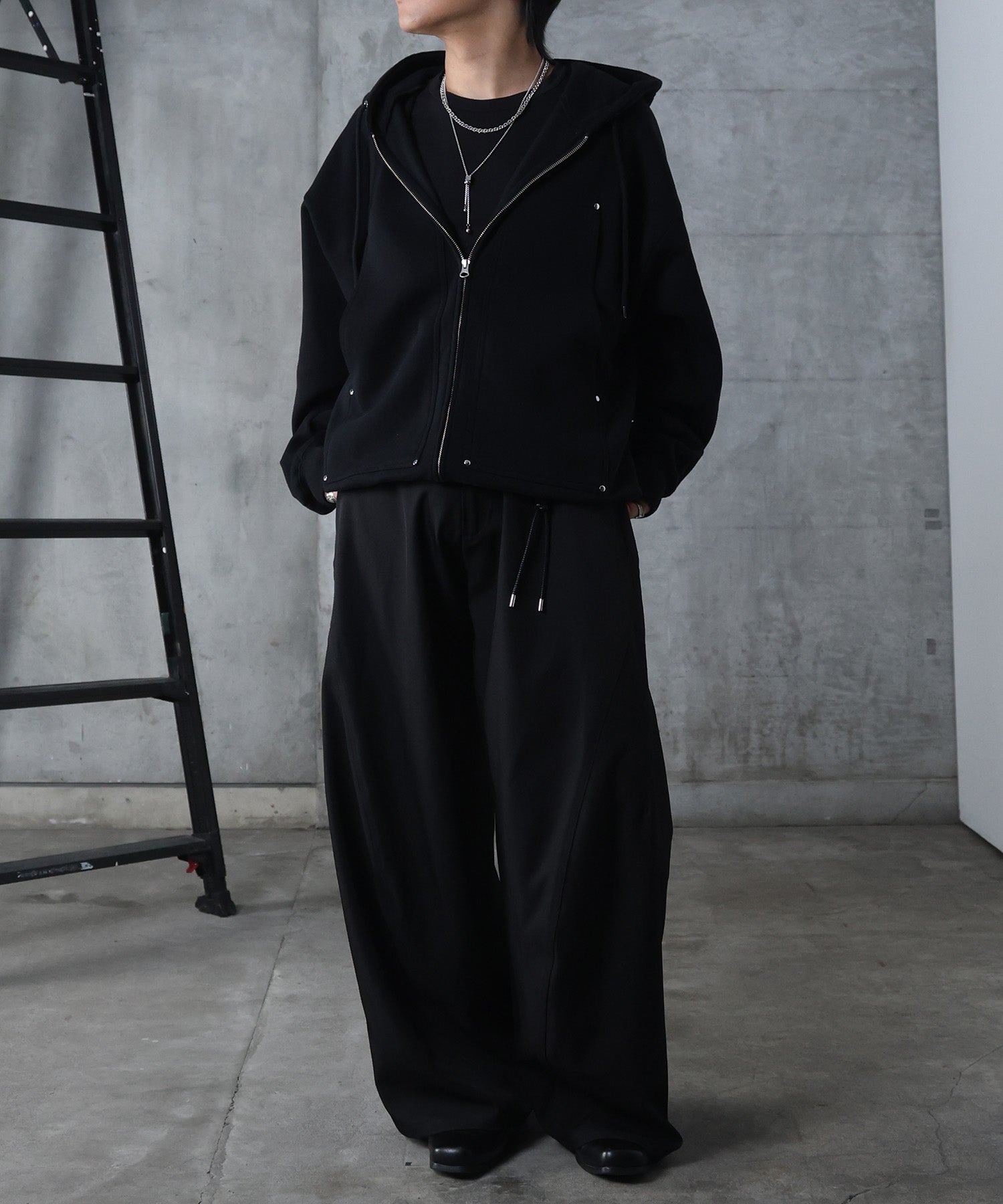 ダブルポケット スタッズ リベット フルジップパーカー ビッグシルエット