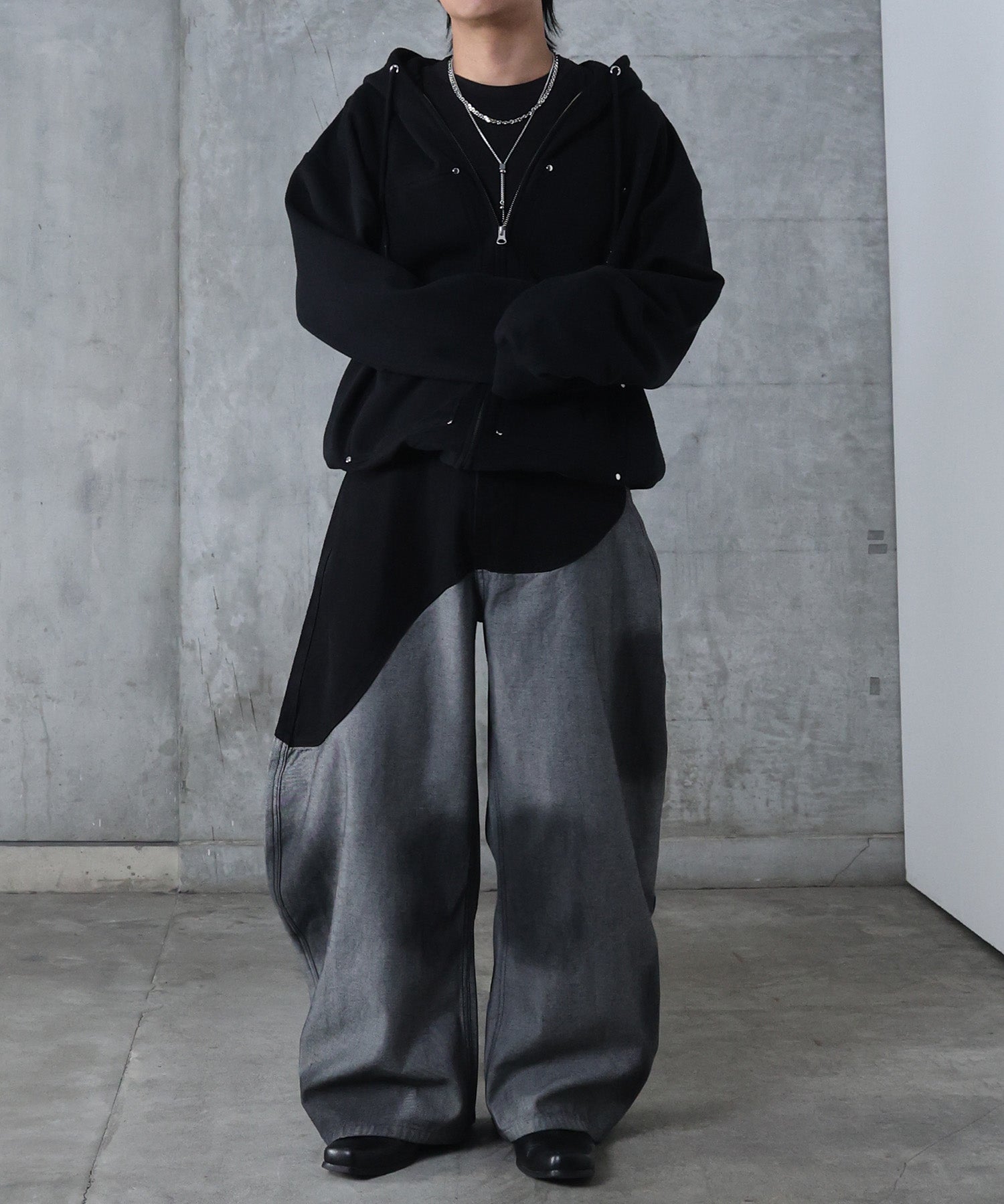 ダブルポケット スタッズ リベット フルジップパーカー ビッグシルエット