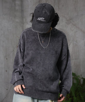 ヴィンテージライク ピグメント加工 ビッグシルエット ワンポイント刺繍 レトロプルオーバーニット