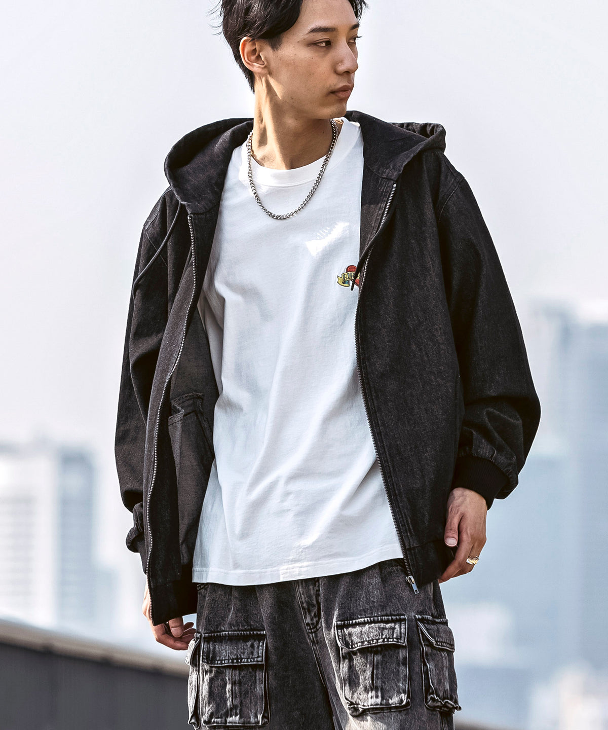 25SS【Labordi / ラボード】デニム / ケミカル加工 ボックスシルエット フーディー ミリタリーフードジャケット