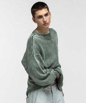 ヴィンテージライク ピグメント加工 ビッグシルエット ワンポイント刺繍 レトロプルオーバーニット