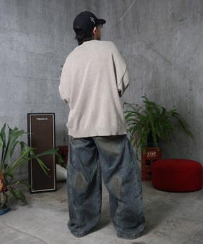 ヴィンテージライク ピグメント加工 ビッグシルエット ワンポイント刺繍 レトロプルオーバーニット