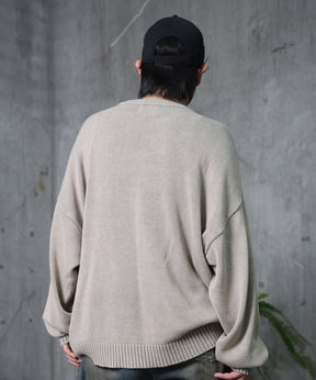 ヴィンテージライク ピグメント加工 ビッグシルエット ワンポイント刺繍 レトロプルオーバーニット