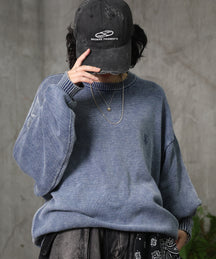 ヴィンテージライク ピグメント加工 ビッグシルエット ワンポイント刺繍 レトロプルオーバーニット