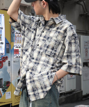 25SS ウォッシュ加工 半袖チェックシャツ