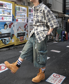 25SS ウォッシュ加工 半袖チェックシャツ