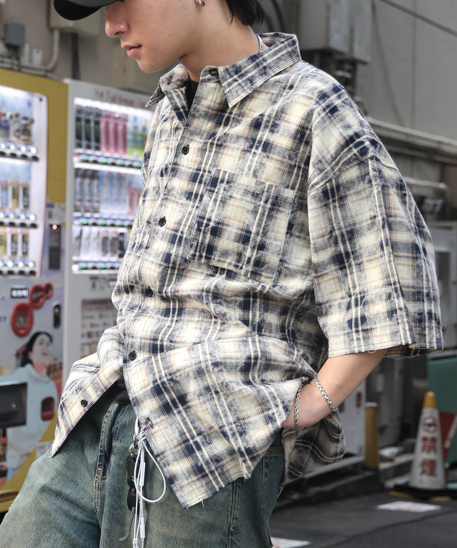 25SS ウォッシュ加工 半袖チェックシャツ