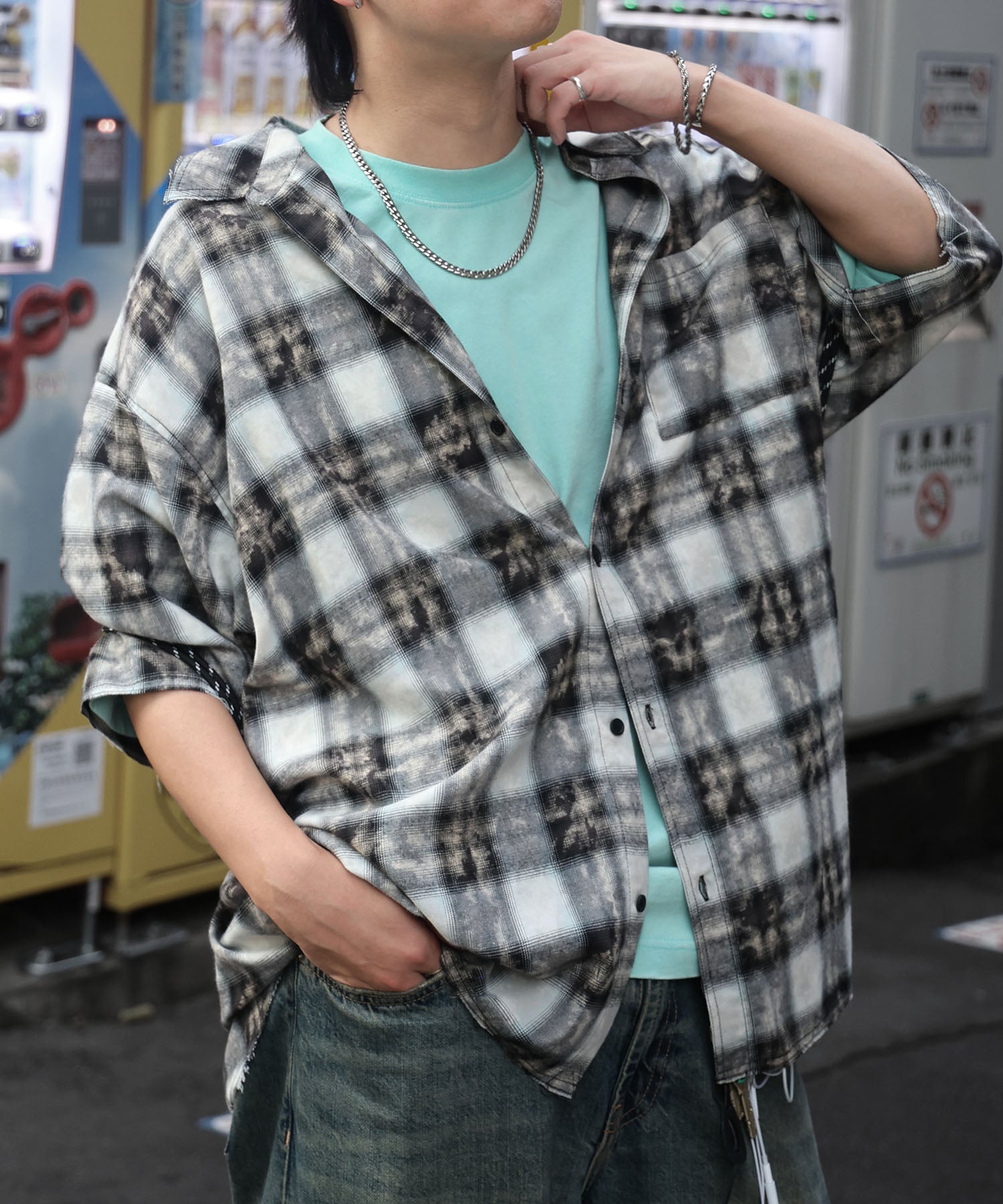 25SS ウォッシュ加工 半袖チェックシャツ
