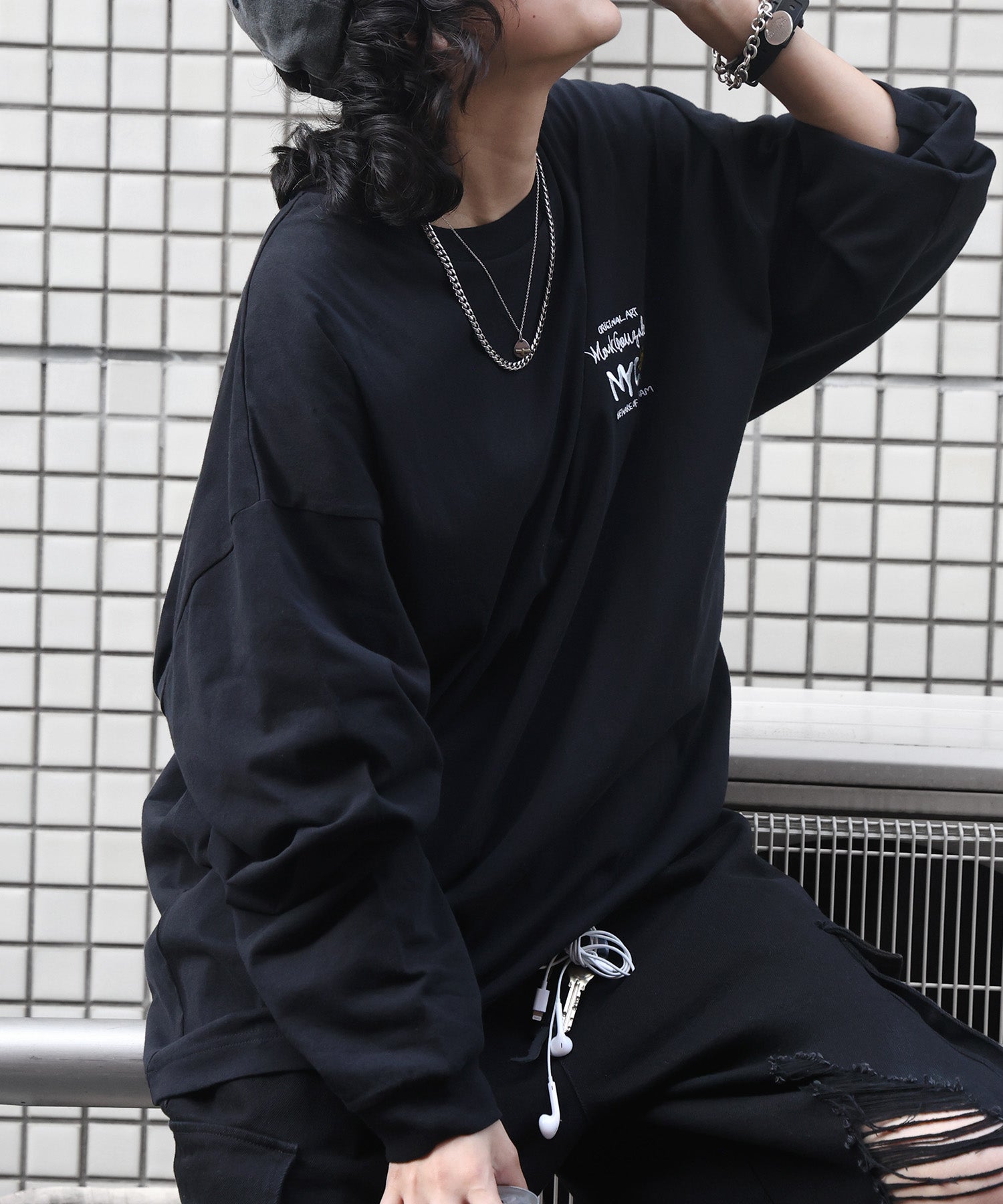 【MARK GONZALES ARTWORK COLLECTION / マークゴンザレス】ワンポイント刺繍 / エンジェルロゴバックプリント ビッグシルエットロンT