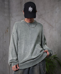 ヴィンテージライク ピグメント加工 ビッグシルエット ワンポイント刺繍 レトロプルオーバーニット