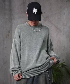 ヴィンテージライク ピグメント加工 ビッグシルエット ワンポイント刺繍 レトロプルオーバーニット