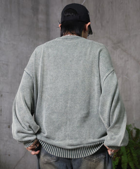 ヴィンテージライク ピグメント加工 ビッグシルエット ワンポイント刺繍 レトロプルオーバーニット