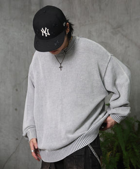 ヴィンテージライク ピグメント加工 ビッグシルエット ワンポイント刺繍 レトロプルオーバーニット
