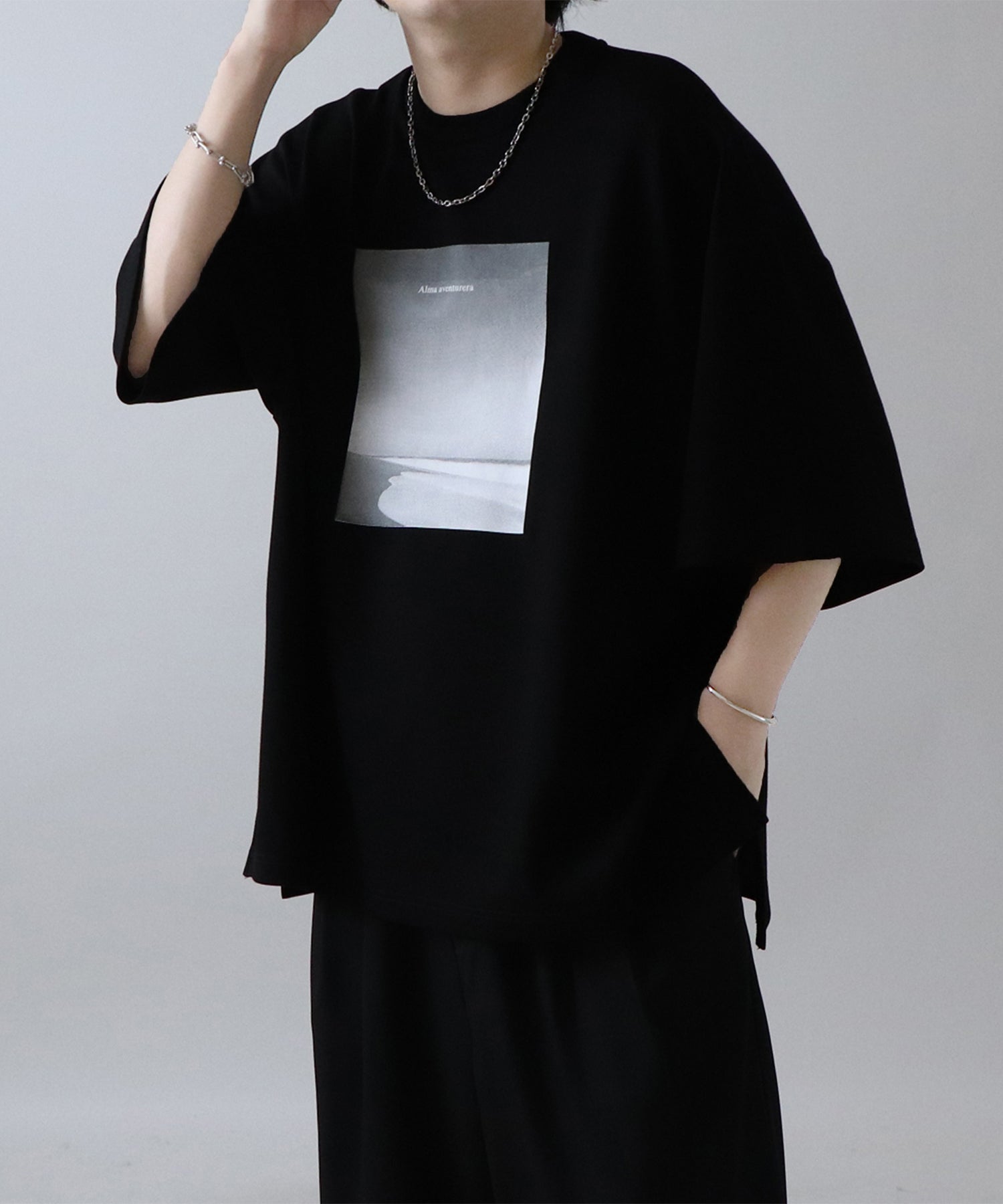 25SS ドレープとろみ ビッグシルエット フォトフロントプリント オーバーサイズ ポンチ半袖Tシャツ