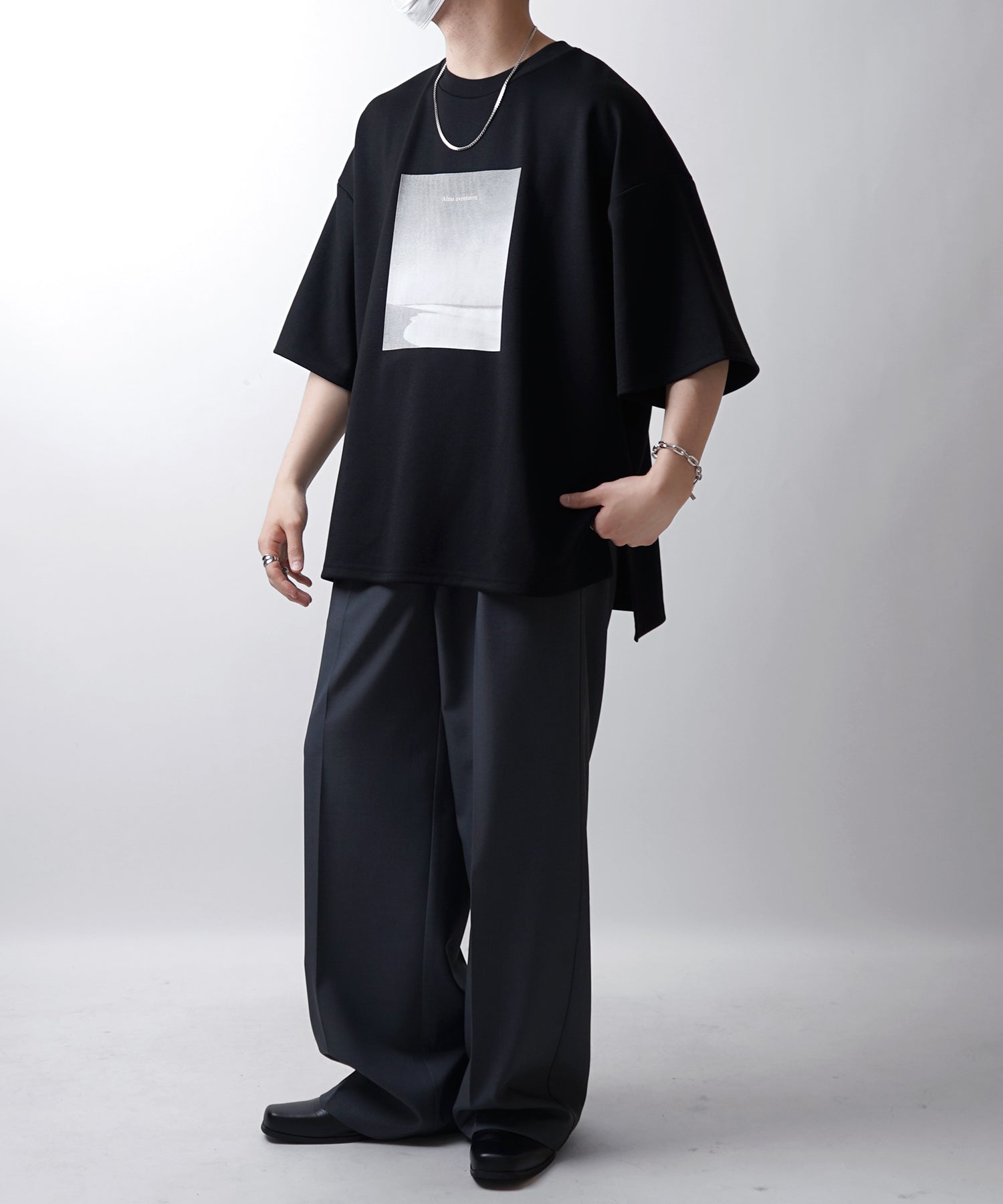 25SS ドレープとろみ ビッグシルエット フォトフロントプリント オーバーサイズ ポンチ半袖Tシャツ