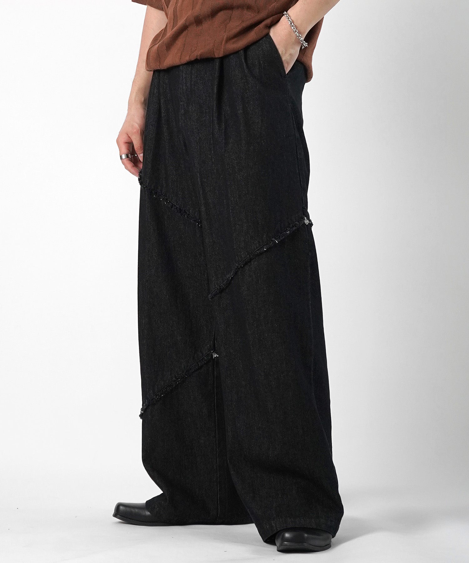 25SS 切替フリンジ ウォッシュ加工 ワイドストレートデニムパンツ