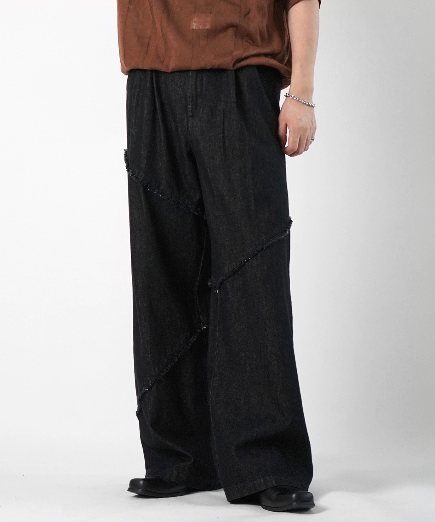 25SS 切替フリンジ ウォッシュ加工 ワイドストレートデニムパンツ