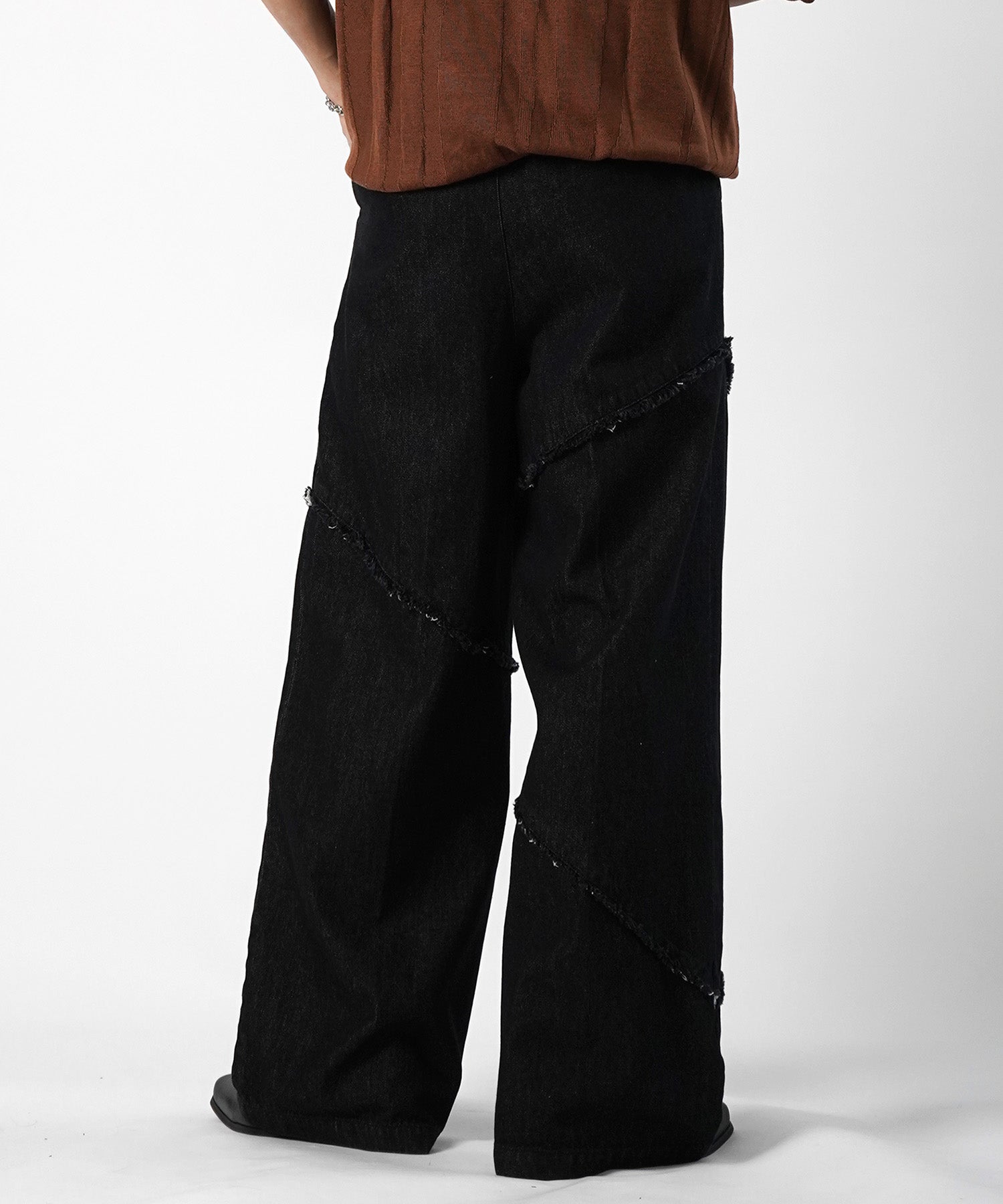 25SS 切替フリンジ ウォッシュ加工 ワイドストレートデニムパンツ