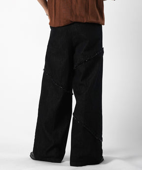 25SS 切替フリンジ ウォッシュ加工 ワイドストレートデニムパンツ