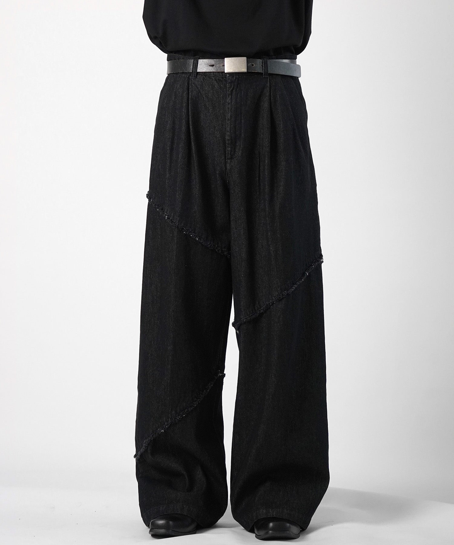 25SS 切替フリンジ ウォッシュ加工 ワイドストレートデニムパンツ