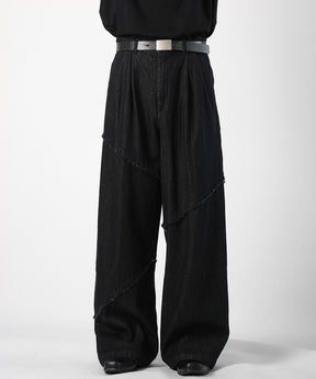 25SS 切替フリンジ ウォッシュ加工 ワイドストレートデニムパンツ