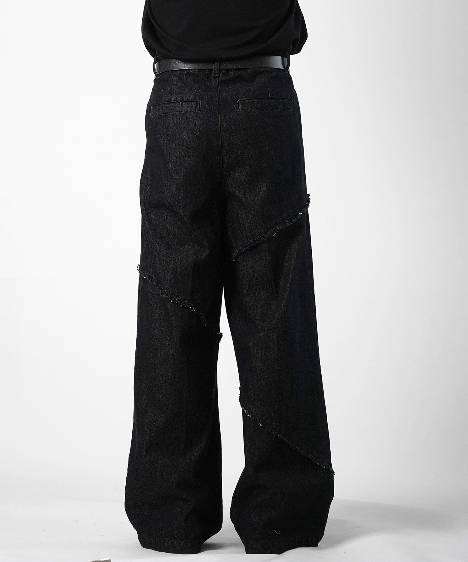 25SS 切替フリンジ ウォッシュ加工 ワイドストレートデニムパンツ