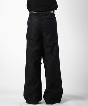 25SS 切替フリンジ ウォッシュ加工 ワイドストレートデニムパンツ