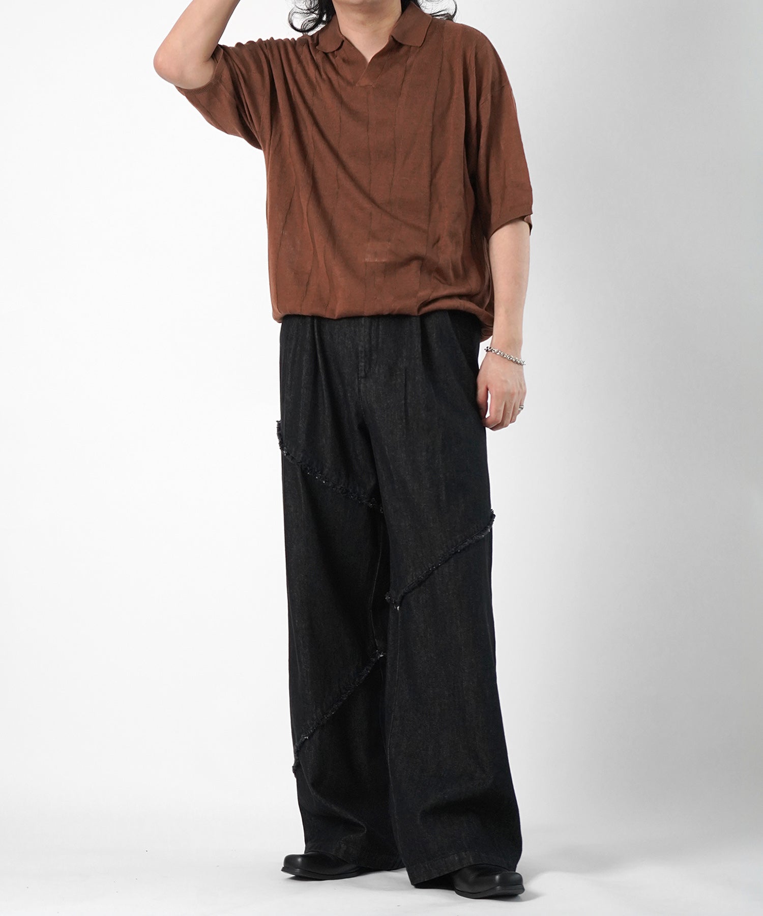 25SS 切替フリンジ ウォッシュ加工 ワイドストレートデニムパンツ