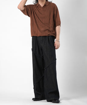 25SS 切替フリンジ ウォッシュ加工 ワイドストレートデニムパンツ