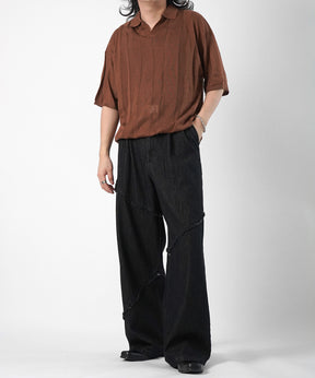 25SS 切替フリンジ ウォッシュ加工 ワイドストレートデニムパンツ