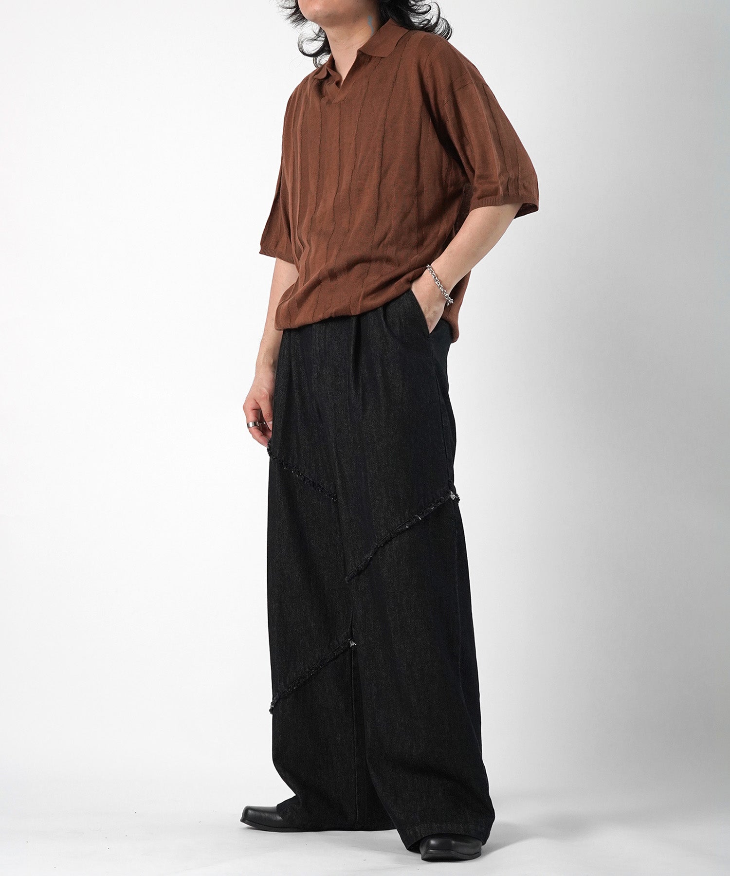 25SS 切替フリンジ ウォッシュ加工 ワイドストレートデニムパンツ