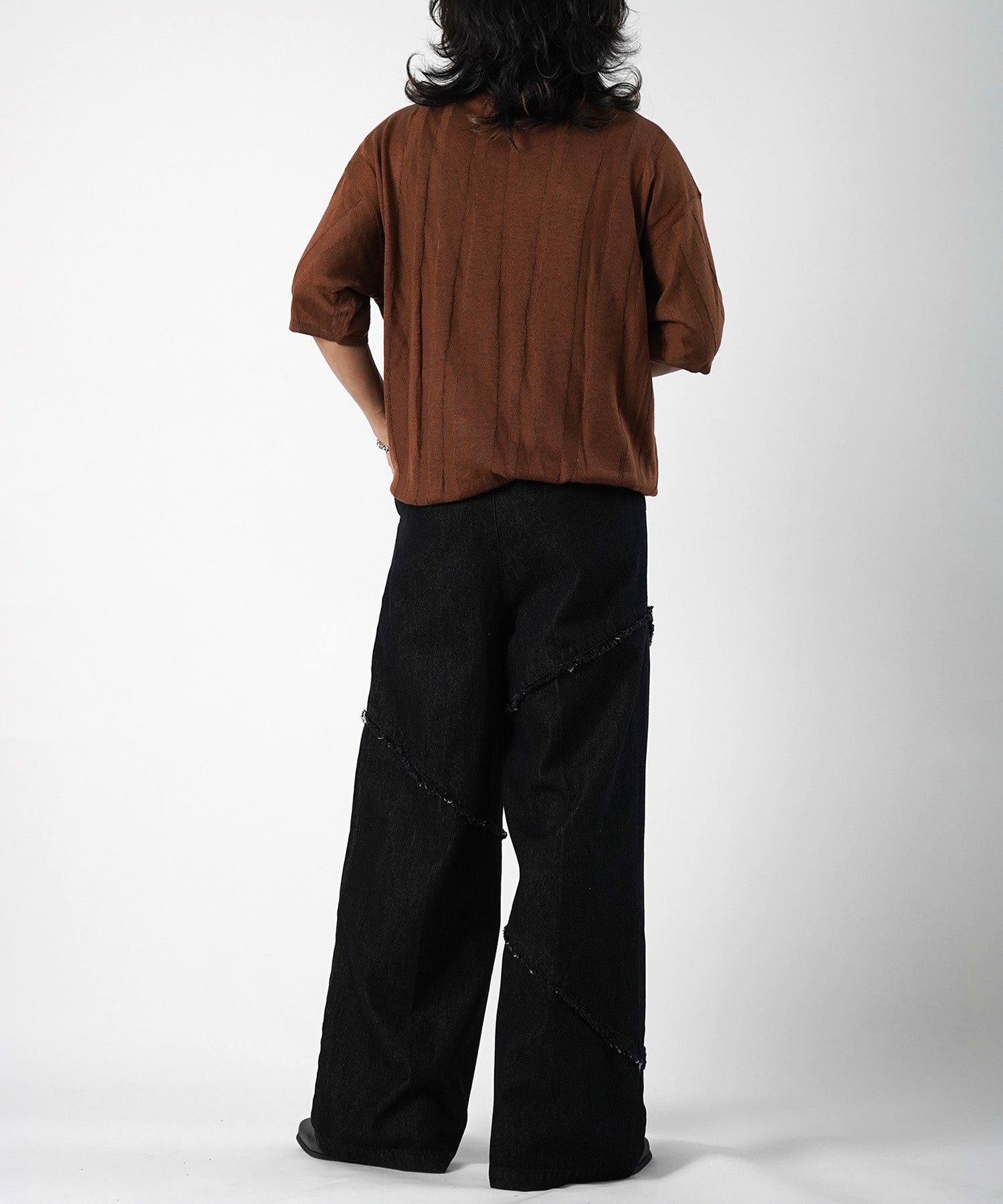 25SS 切替フリンジ ウォッシュ加工 ワイドストレートデニムパンツ