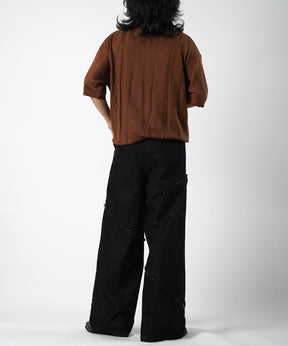 25SS 切替フリンジ ウォッシュ加工 ワイドストレートデニムパンツ