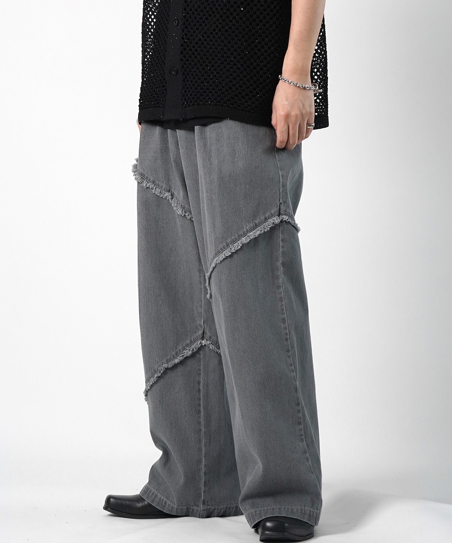 25SS 切替フリンジ ウォッシュ加工 ワイドストレートデニムパンツ