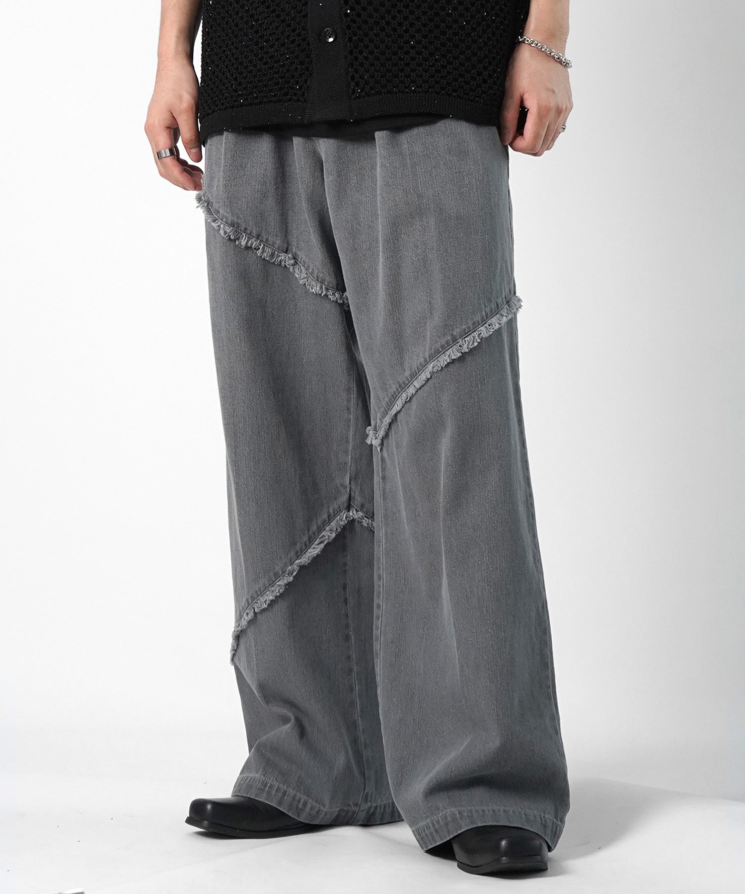 25SS 切替フリンジ ウォッシュ加工 ワイドストレートデニムパンツ