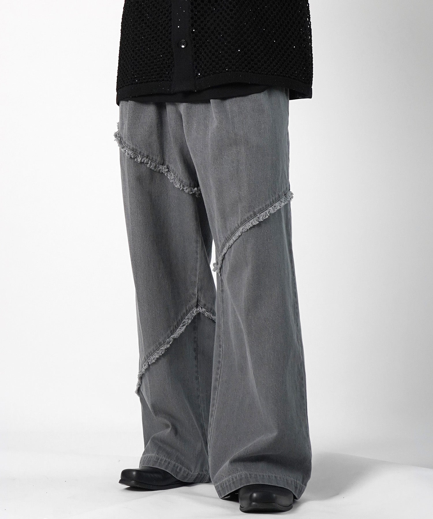 25SS 切替フリンジ ウォッシュ加工 ワイドストレートデニムパンツ
