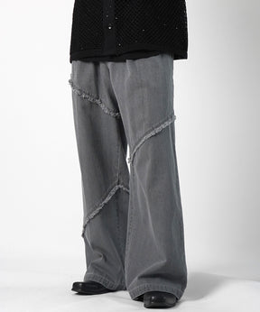 25SS 切替フリンジ ウォッシュ加工 ワイドストレートデニムパンツ